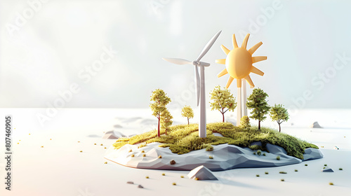 A 3D Flat Icon Illustrating Wind Turbine with Sun Concept, Showing Sustainable Energy in Isometric Scene