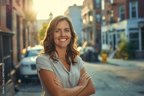 empowering portrayal of a pretty and confident female entrepreneur standing on a sunlit street, her bright smile and crossed arms exuding positivity and self-assurance photo