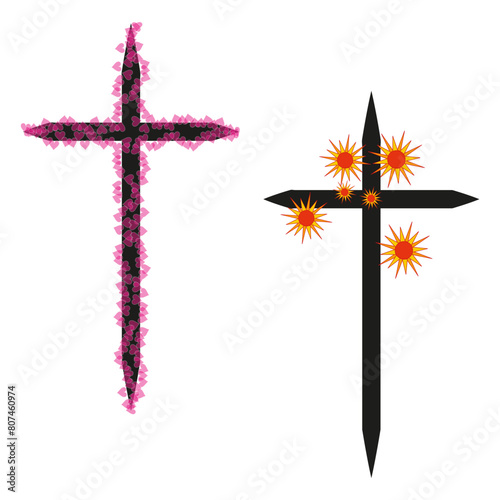 Decorative cross with artistic floral patterns. Abstract religious symbol with colorful accents. Vector illustration. EPS 10.