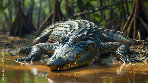 Magnificent Crocodile Resting on Mangrove Mudbank  Symbolizing Ecosystem Harmony and Apex Predator Sustainability