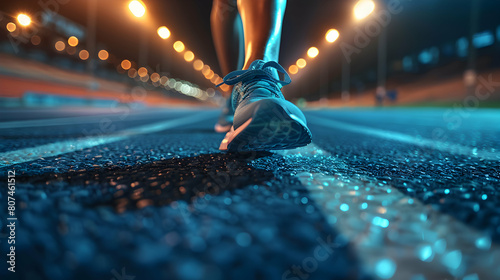 Photo realistic evening run in stadium lights - person running laps under evening lights in a stadium, promoting the benefits of regular physical activity photo