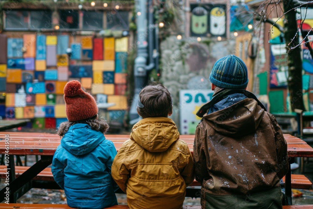 Three children in colorful winter clothes sit outdoors, captivated by a vibrant and artistic urban wall.