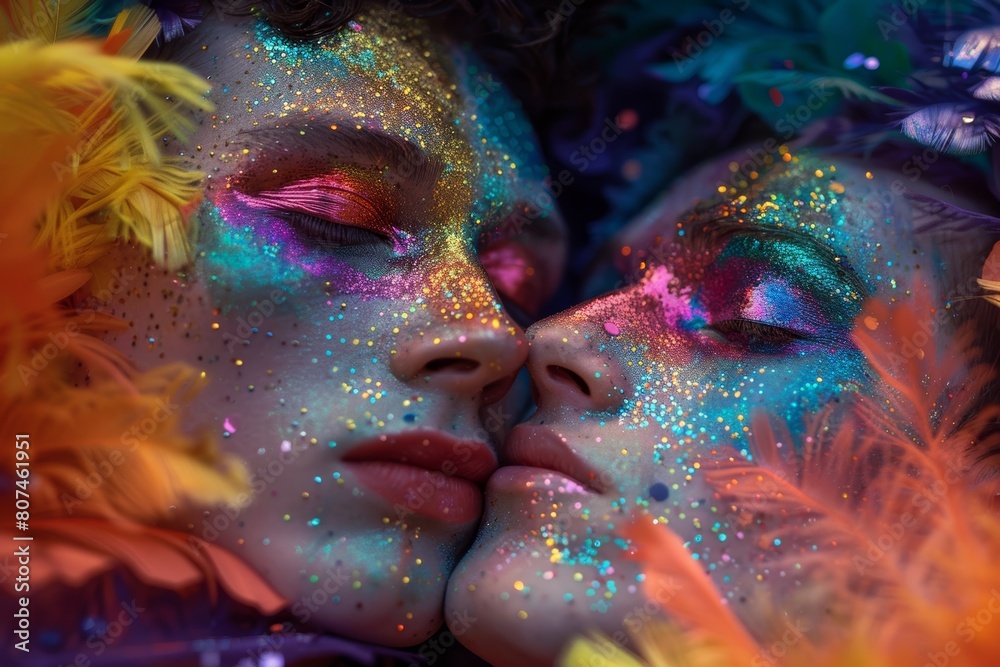 Two Faces Adorned with Vibrant Glitter and Feathers in Artistic Close-Up Shot.