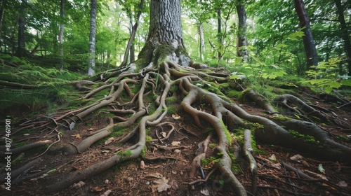 Centenarian tree with large trunk and big roots above