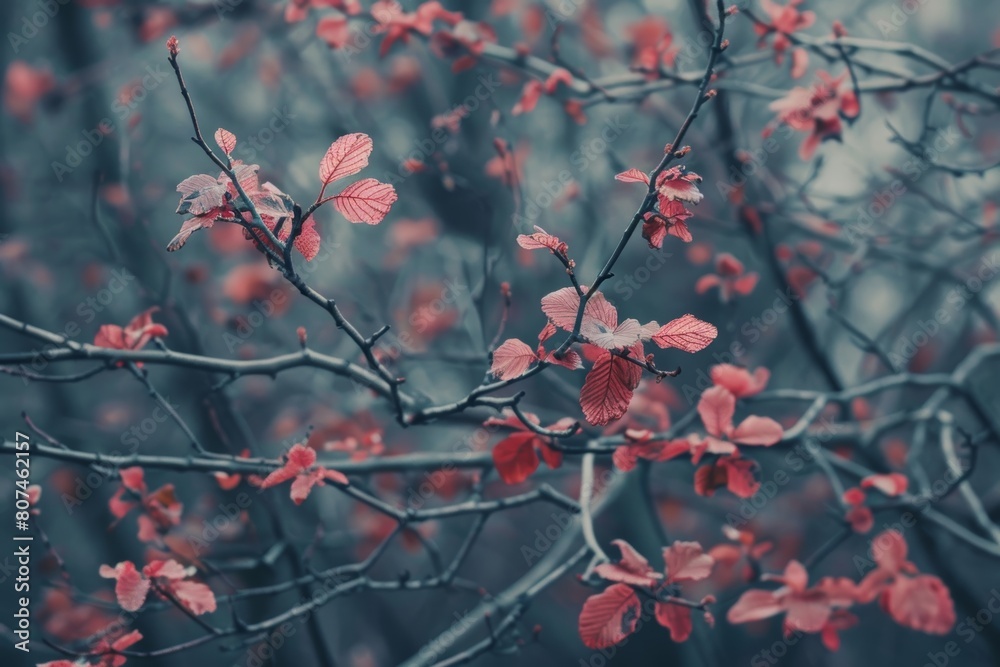 A serene photograph capturing vibrant red leaves contrasting against a peaceful, muted blue background.