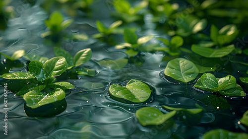 Photo realistic scene of mangrove leaves floating on water, creating natural pathways and providing nutrients as they decompose - Photo Stock Concept photo