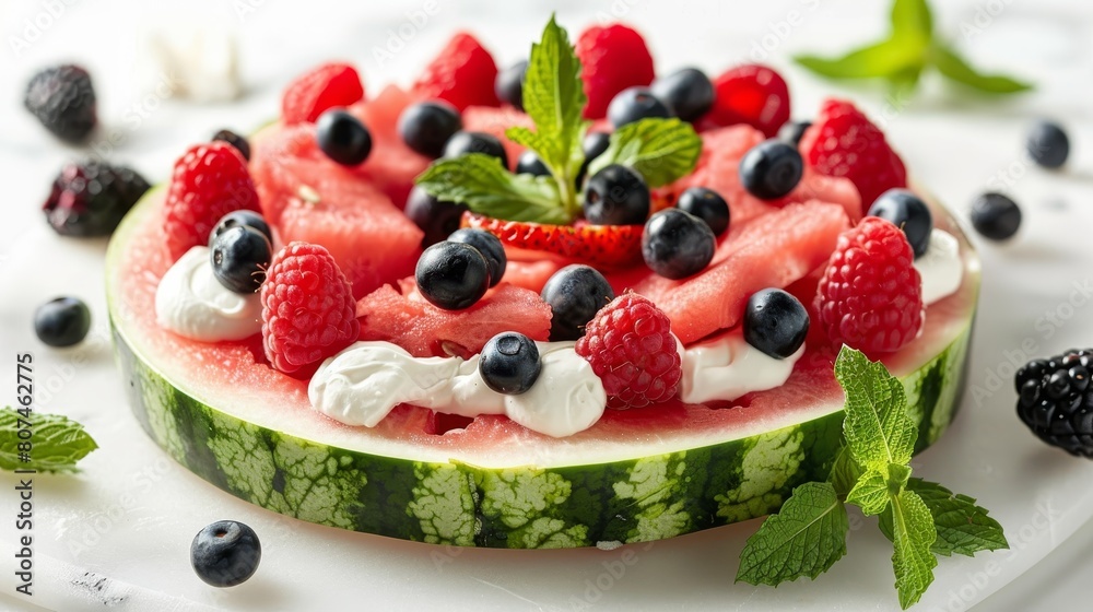 Intimate view of a watermelon pizza with a topping of yogurt and fresh berries, beautifully presented on a stark white background Intimate view of a watermelon pizza with a topping of yogurt and fresh berries, beautifully presented on a stark white background