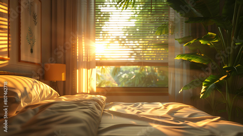Morning Sunlight Filtering Through Bedroom Window - Signifying Fresh Start and Productive Day Concept