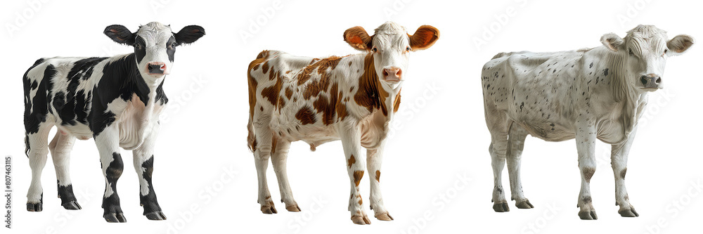 Collection of three cow in different colors isolated on transparent background.