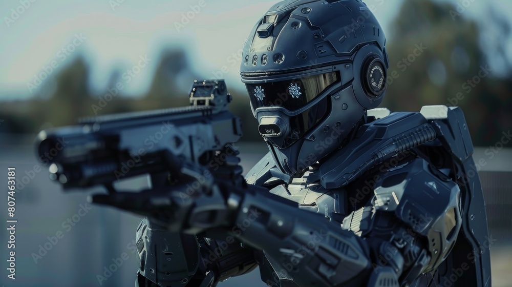 Intense training session of a robotic SWAT officer at an outdoor range, detailed close-up capturing the precision during daylight Intense training session of a robotic SWAT officer at an outdoor range, detailed close-up capturing the precision during daylight