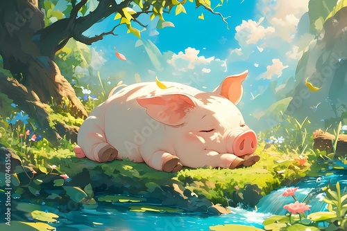 a cute cartoon pig is sleeping on the river bank