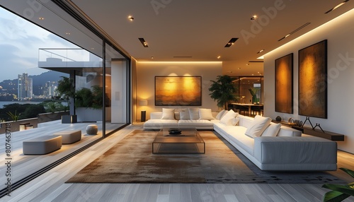 Contemporary living room with waterfront views and sleek modern furnishings