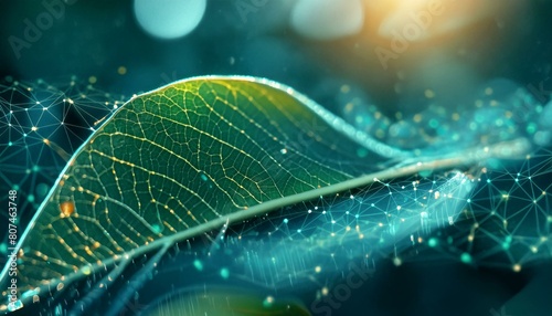 Technological progress in green energy is symbolized by a green leaf with a 3D effect of glowing technological mesh. The concept of alternative energy sustainability, innovation and concern for enviro photo