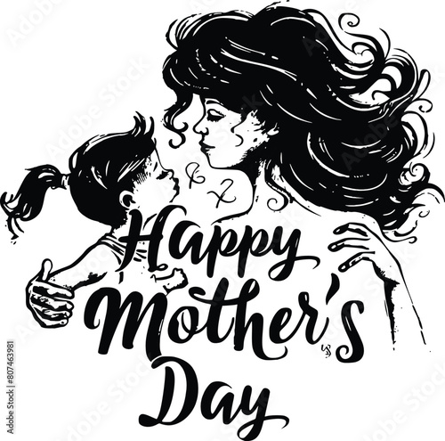 Black and white illustration of a mother and her child gazing at each other lovingly with swirling hair and the phrase 