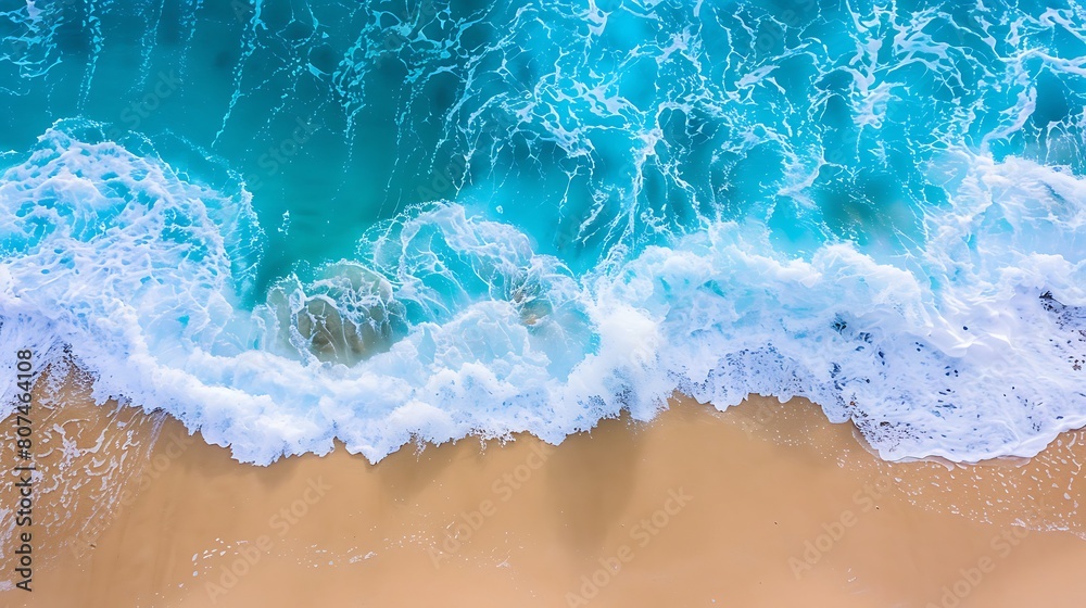 An idyllic scene capturing turquoise ocean waves crashing gently onto a pristine sandy beach