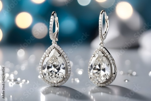 close up of a pair of silver drop earrings with white diamonds on a bokeh background, holiday campaign
 photo