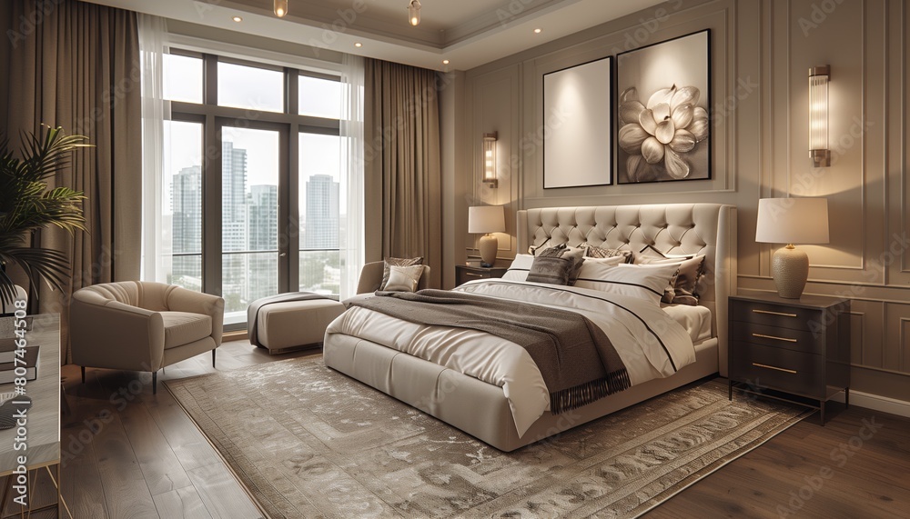Fototapeta premium Sophisticated bedroom with cityscape views and plush decor in a high-rise apartment