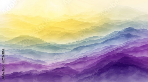Serene foggy morning in wisteria purple, melon green, and lemon-yellow hues evokes gladness and calm with ample negative space. photo