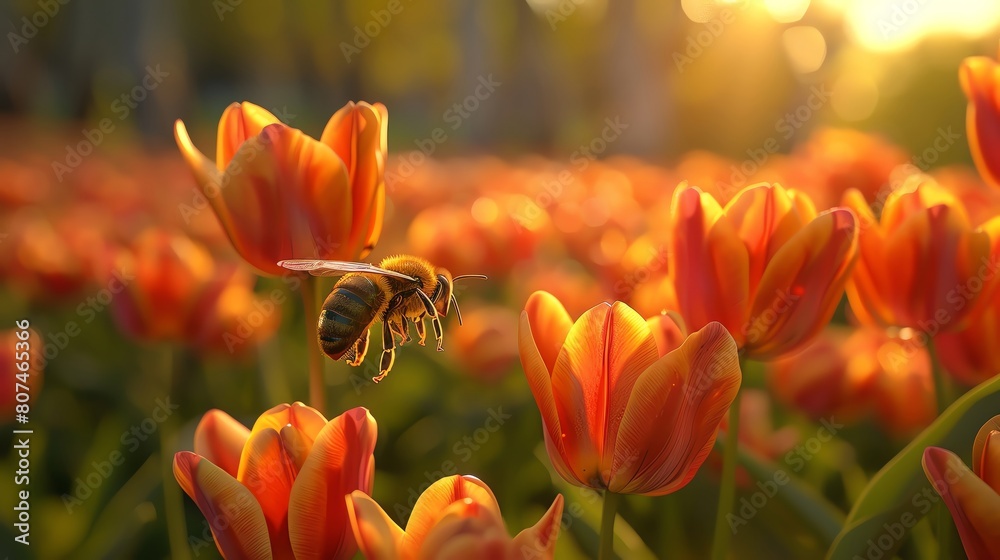 Animated bee pollinating tulips in a virtual reality simulation, educational and visually enchanting Animated bee pollinating tulips in a virtual reality simulation, educational and visually enchanting