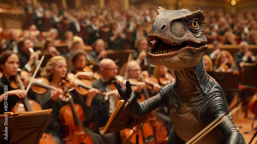 Animated scene of a Velociraptor conducting a symphony orchestra, whimsical and surreal musical performance