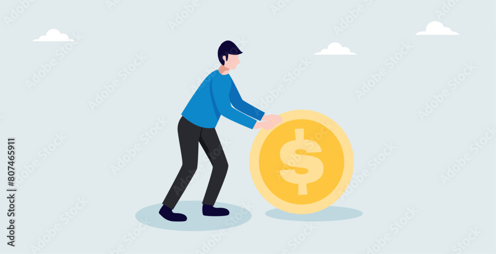 a businessman rolling money coins, concept of working hard to get success a businessman rolling money coins, concept of working hard to get success