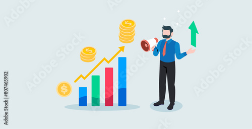 a businessman is trumpeting success from a diagram of rising profits and growing high
