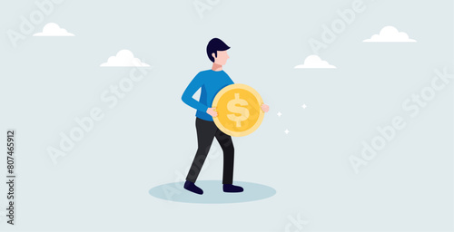 a businessman holding money coins, concept of working hard to get success