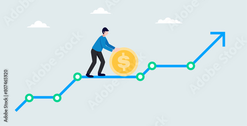 development concept, businessman running on growth bar graph or increasing income graph. Business growth, increase in investment profits
