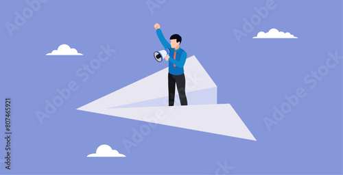 vector of a person speaking through an amplifier in a paper airplane bag