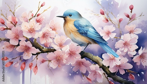 watercolor bird sitting on blossom flowers tree branch