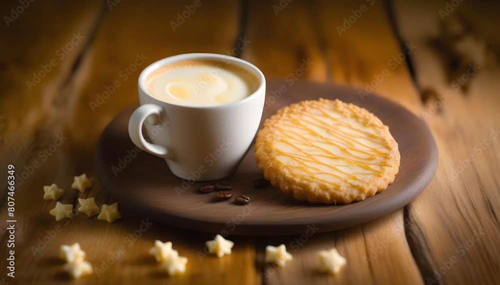 A crispy cookie on a wooden plate next to a cup of black milk coffee on a rustic wooden background. A crispy cookie on a wooden plate next to a cup of black milk coffee on a rustic wooden background.