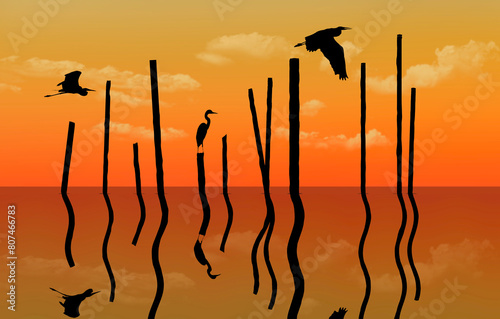 Great Blue Herons are seen at sunset on an inland lake in a 3-d illustraton. photo