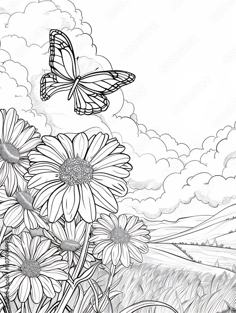 Coloring pages of Sunflowers field with butterfly in summer or spring time.