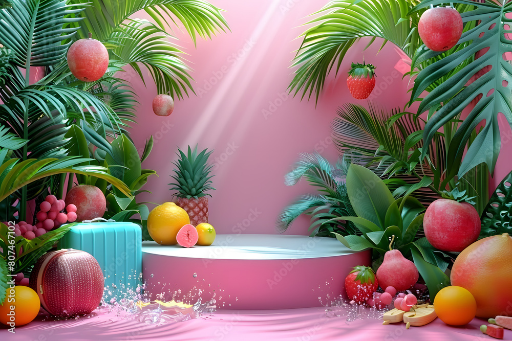 Empty stylish podium 3D mockup background for beauty product presentation. Summer transparent copy space platform surrounded by palm leaves . Cosmetics, perfume or home goods advertising stand. Empty stylish podium 3D mockup background for beauty product presentation. Summer transparent copy space platform surrounded by palm leaves . Cosmetics, perfume or home goods advertising stand.