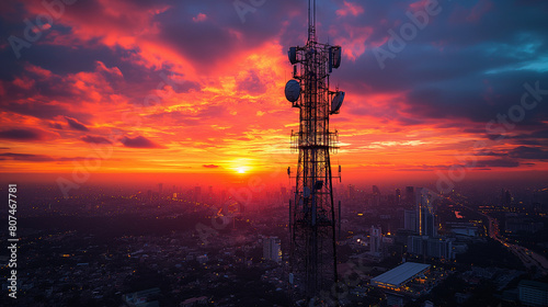 Antenna communication technology with city background. Communication tower connect to data of smart city. Telecommunication 5G. Digital Transformation IoT (Internet of Things).