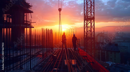 Two Construction Workers on High-Rise Building Under Construction at Sunset - Silhouettes of Workers Against Dramatic Skyline During Urban Development