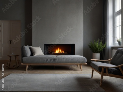 Gray daybed sofa beside a fireplace. Rustic Scandinavian-style interior design in a modern living room. photo