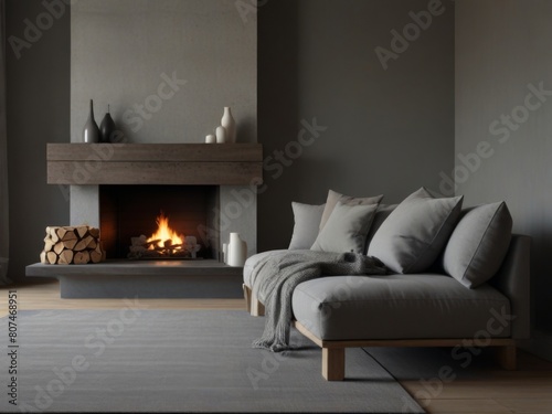 Gray daybed sofa in front of a fireplace. Rustic Scandinavian interior design in a contemporary living room. photo