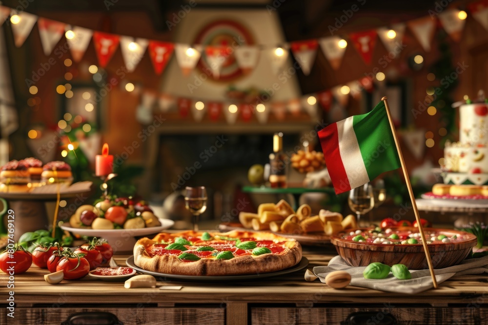 Republic Day Celebration in Italy with Waving Flag and Traditional Cuisine on Wooden Background