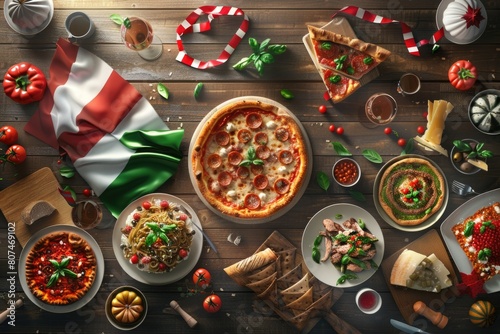 Republic Day Celebration in Italy with Waving Flag and Traditional Cuisine on Wooden Background photo
