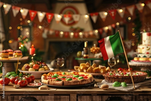 Republic Day Celebration in Italy with Waving Flag and Traditional Cuisine on Wooden Background © P