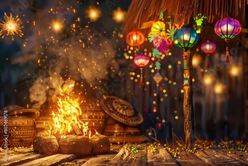 San Juan Festival Celebration with Bonfires, Fireworks, and Dancing on Wooden Background photo