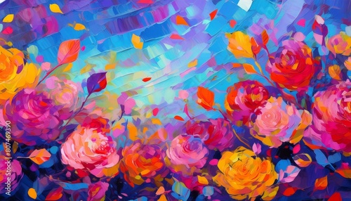 Beautiful trendy floral impressionist background. Bright pink rose petals banner wallpaper. Red, purple, yellow rose flower art illustration, blue abstract backdrop © لغة الضاد