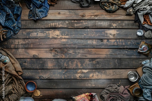 Poverty symbols such as empty bowls and tattered clothing against a stark wooden background. photo