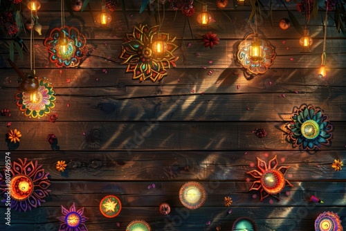 Festive Diwali celebration with lit diyas on wooden background, colorful rangoli designs, and hanging lanterns