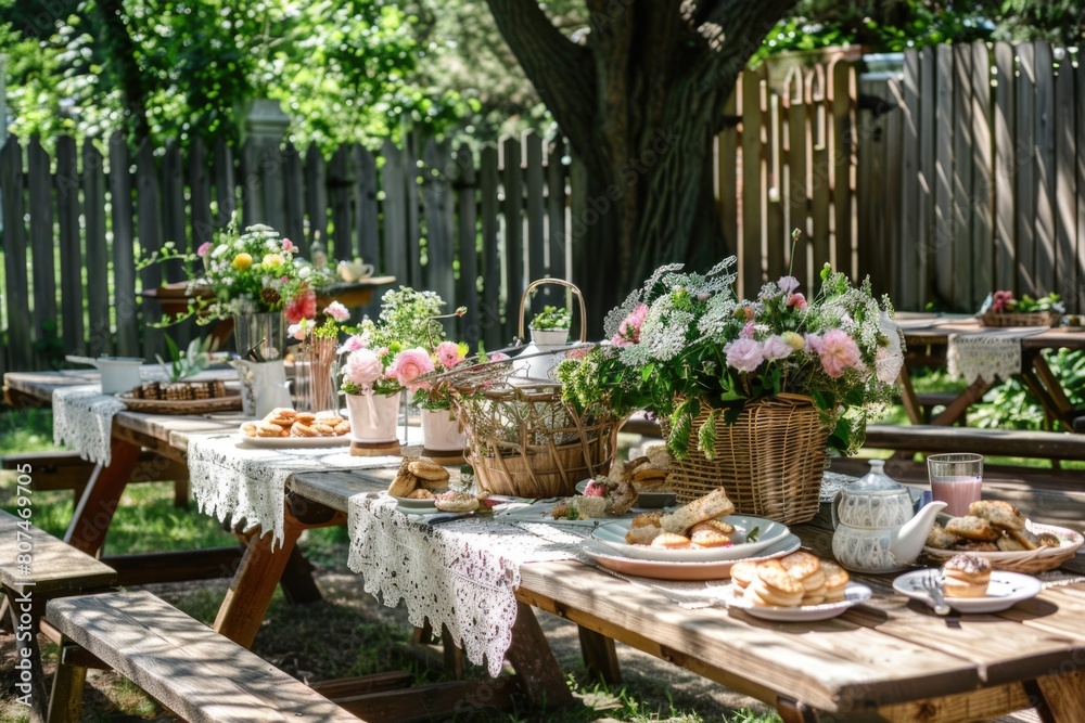 Garden party setup with floral centerpieces and wicker baskets of treats against a wooden fence