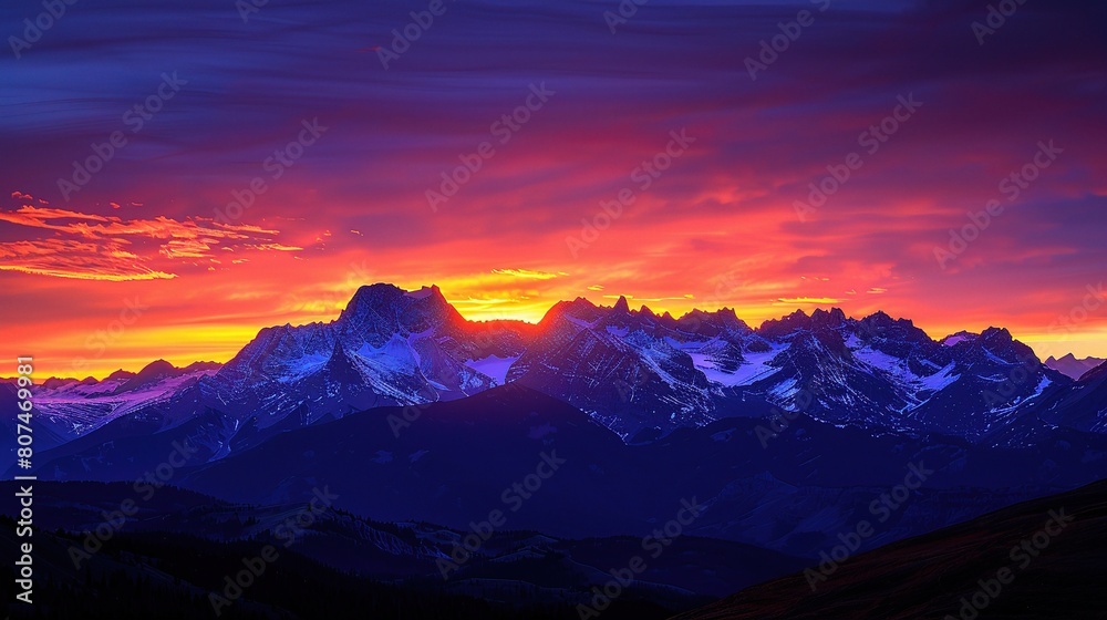 sunset mountainscape, with rugged peaks silhouetted against a fiery sky ablaze with hues of orange