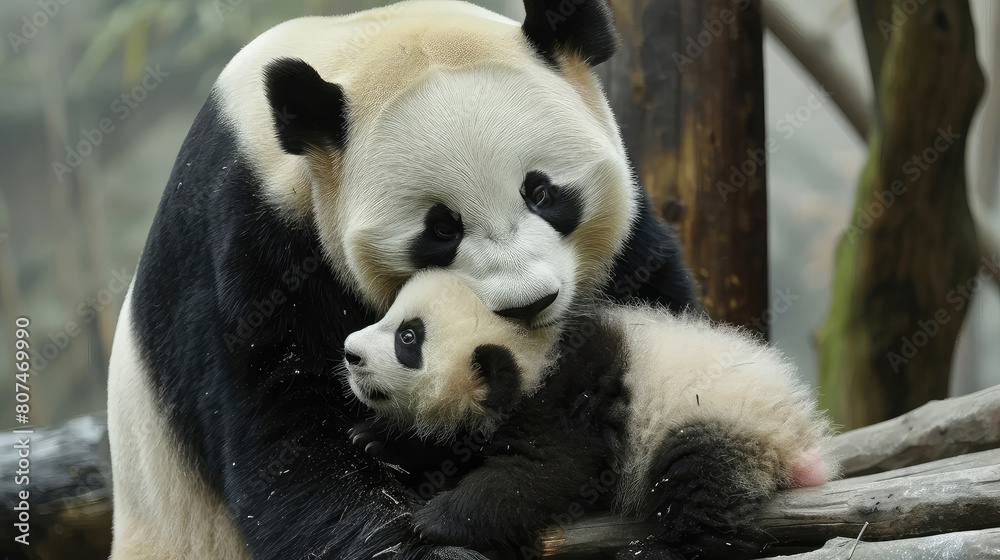 Giant Panda Nurturing and Playing with Her Baby Panda Giant Panda Nurturing and Playing with Her Baby Panda