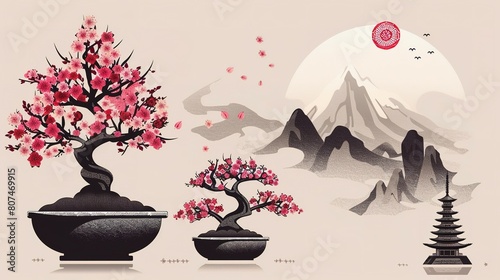 A Cherry Blossom and Bonsai Logo Design, Embodying the Rich Heritage and Artistic Traditions of Japan photo