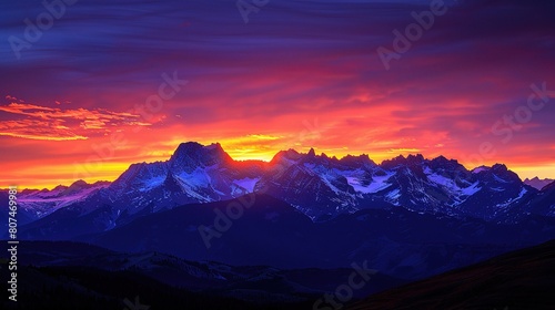sunset mountainscape  with rugged peaks silhouetted against a fiery sky ablaze with hues of orange